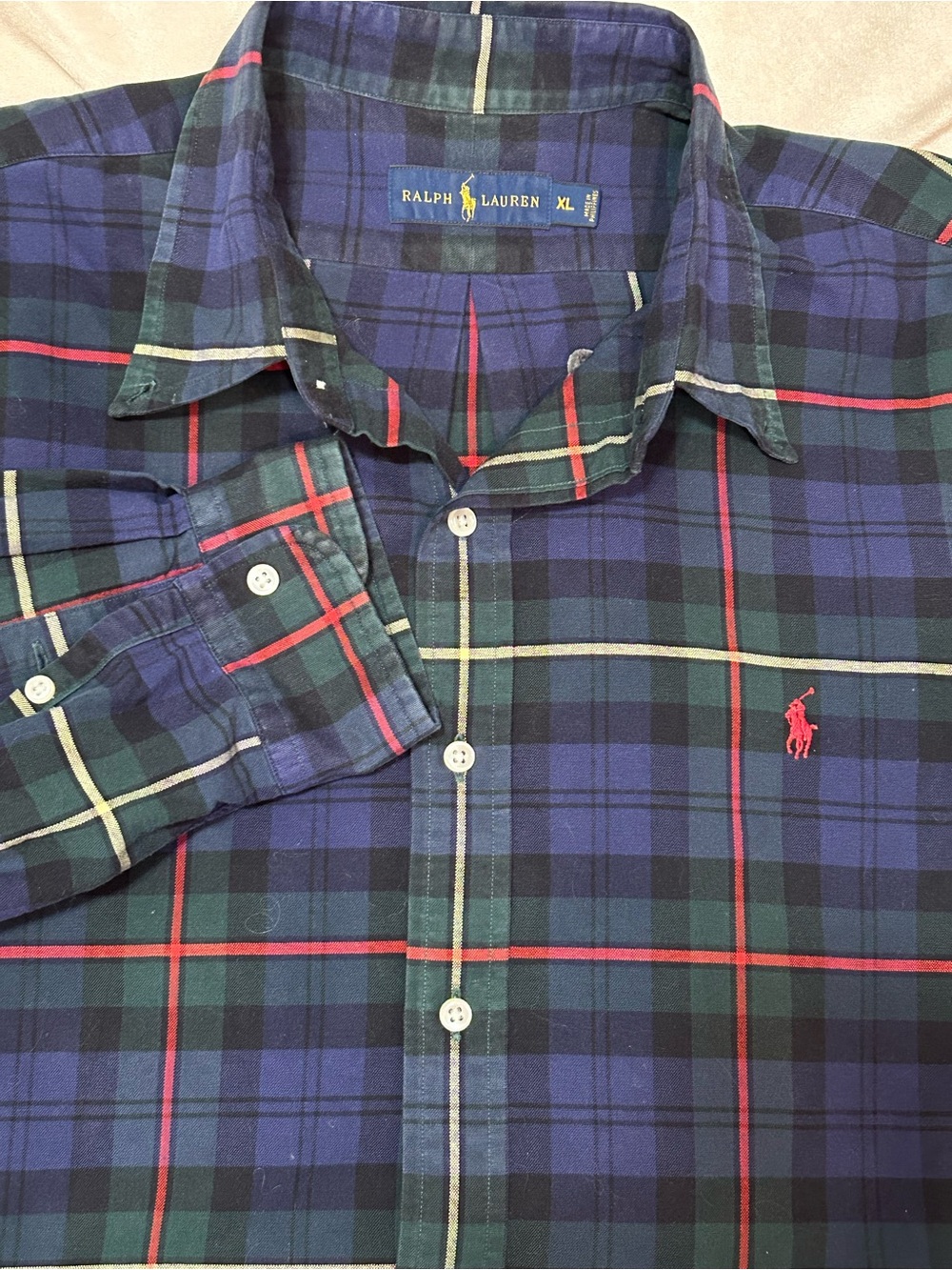 Ralph Lauren Plaid Button Down Shirt Mens XL Navy Green Red Tartan Check Pony